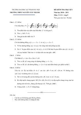 Đề kiểm tra học kì I môn Toán Lớp 9 - Năm học 2010-2011 - Trường THPT Nguyễn Tất Thành